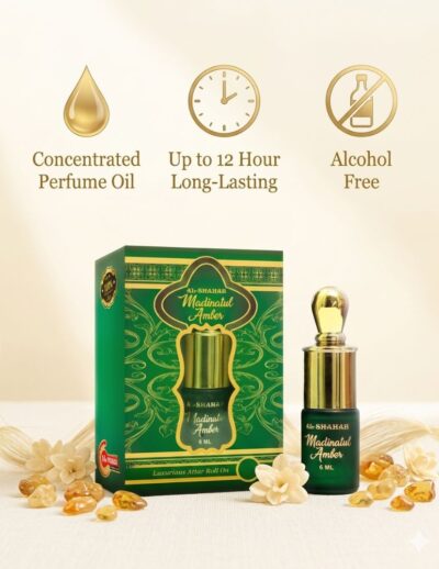 Enjoy a soft and elegant fragrance with AL-SHAHAB Madinatul Amber Attar, specially designed for those who prefer a light amber fragrance profile. The scent opens with smooth warm notes, blends into soft amber accords, and settles into gentle musky undertones that create a calm and sophisticated aroma. Its concentrated alcohol-free perfume oil formula provides long-lasting freshness with just a small application. The compact roll-on bottle allows easy and precise use anytime, making it ideal for office wear, daily use, travel, and special occasions. ✨ Fragrance Profile Light Amber Aroma Smooth Warm Notes Soft Elegant Fragrance Long Lasting Freshness 🌟 Fragrance Notes Top Notes: Warm & Smooth Opening Heart Notes: Soft Amber & Aromatic Accords Base Notes: Gentle Musk & Warm Undertone