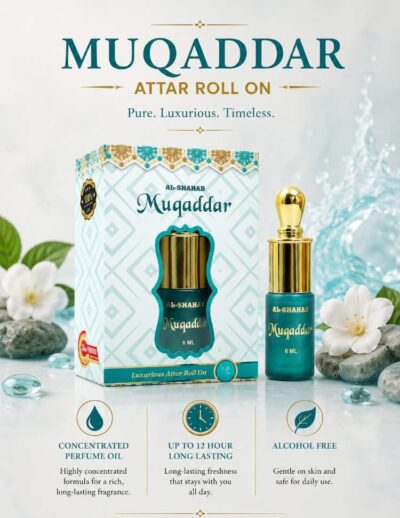 Experience clean and refreshing fragrance with AL-SHAHAB Muqaddar Attar, specially crafted for those who enjoy a fresh and uplifting scent profile. The fragrance opens with refreshing notes and settles into a smooth and elegant aroma that feels light, clean, and long-lasting throughout the day. Its concentrated alcohol-free perfume oil formula delivers noticeable freshness with just a small application. The convenient roll-on bottle makes it easy to carry and apply anytime, making it perfect for office use, daily wear, travel, and summer occasions. 🌊 Fragrance Profile Fresh & Clean Aroma Smooth Elegant Fragrance Light & Refreshing Feel Long Lasting Freshness 🌟 Fragrance Notes Top Notes: Fresh Citrus & Clean Opening Heart Notes: Green & Aromatic Accords Base Notes: Soft Musk & Light Woody Undertones