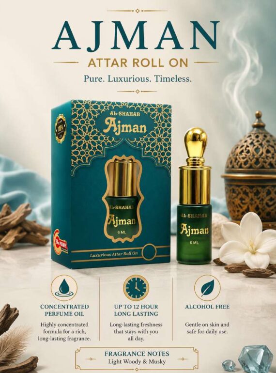 AL-SHAHAB Ajman Attar 6ml | Light Woody Musky Alcohol-Free Attar Perfume Oil | Long Lasting Roll On Fragrance for Men & Women