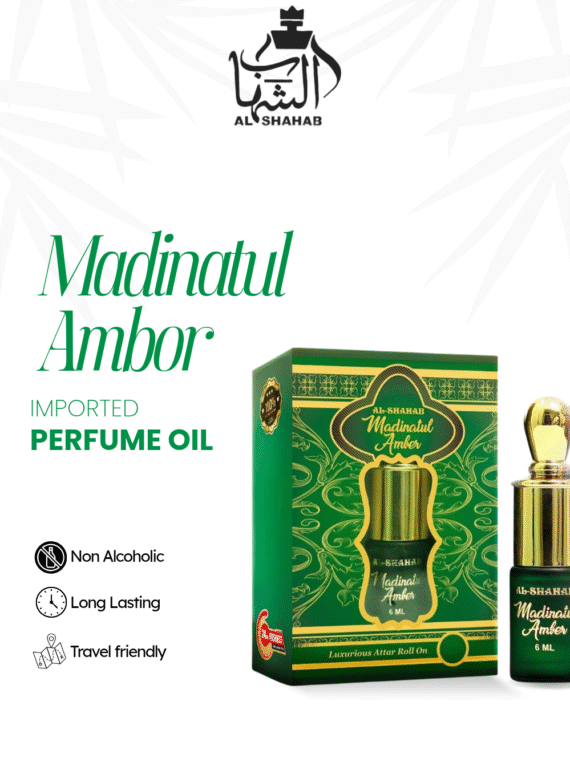Enjoy a soft and elegant fragrance with AL-SHAHAB Madinatul Amber Attar, specially designed for those who prefer a light amber fragrance profile. The scent opens with smooth warm notes, blends into soft amber accords, and settles into gentle musky undertones that create a calm and sophisticated aroma. Its concentrated alcohol-free perfume oil formula provides long-lasting freshness with just a small application. The compact roll-on bottle allows easy and precise use anytime, making it ideal for office wear, daily use, travel, and special occasions. ✨ Fragrance Profile Light Amber Aroma Smooth Warm Notes Soft Elegant Fragrance Long Lasting Freshness 🌟 Fragrance Notes Top Notes: Warm & Smooth Opening Heart Notes: Soft Amber & Aromatic Accords Base Notes: Gentle Musk & Warm Undertone