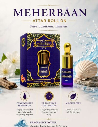 AL-SHAHAB Meherbaan Attar 6ml | Fresh Aquatic Marine Alcohol-Free Attar Perfume Oil | Long Lasting Roll On Fragrance for Men & Women