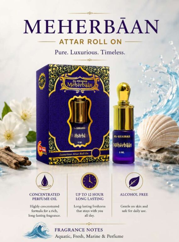 AL-SHAHAB Meherbaan Attar 6ml | Fresh Aquatic Marine Alcohol-Free Attar Perfume Oil | Long Lasting Roll On Fragrance for Men & Women