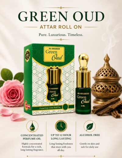 AL-SHAHAB Green Oud Attar 6ml | Rose Khash Oudy Long Lasting Alcohol-Free Attar | Concentrated Perfume Oil for Men & Women