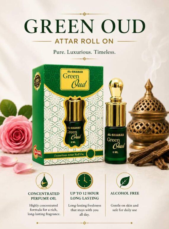 AL-SHAHAB Green Oud Attar 6ml | Rose Khash Oudy Long Lasting Alcohol-Free Attar | Concentrated Perfume Oil for Men & Women