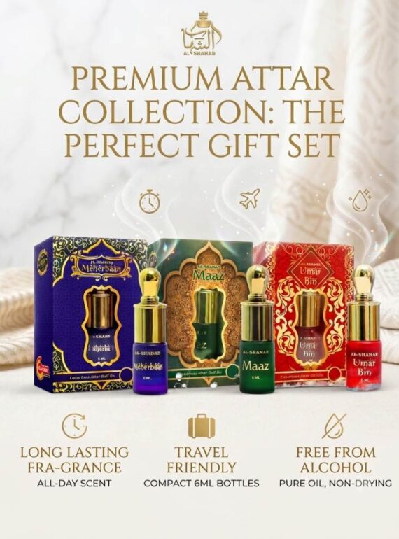 Discover a unique fragrance experience with the AL-SHAHAB 3 in 1 Attar Combo, featuring Meherbaan Attar, Maaz Attar, and Umar Bin Attar. This premium alcohol-free attar collection offers a variety of fragrance profiles, making it perfect for daily wear, special occasions, and gifting.  Meherbaan Attar delivers a refreshing aquatic and marine fragrance with clean, perfume-like freshness. Maaz Attar offers a soft fruity aroma with smooth and pleasant notes, while Umar Bin Attar combines rich musky and woody